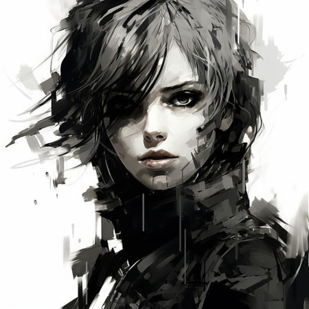 rebecca, a mysterious and enigmatic figure, is captured in a stunning black and white portrait, reminiscent of the iconic style of yoji shinkawa, with bold lines, intricate details, and a sense of intensity, evoking a sense of futuristic noir and cyberpunk aesthetics in this dramatic and thought-provoking artwork. ai generatedの素材