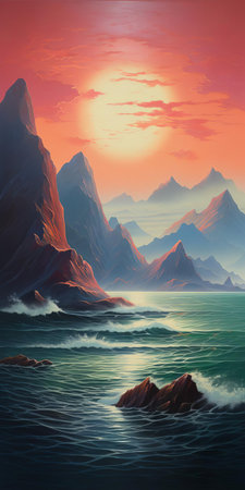 the majestic mountains stand tall in the background of this breathtaking seascape painting, where the gentle waves of the turquoise ocean meet the rugged shoreline, surrounded by lush green forests and a serene atmosphere, evoking feelings of tranquility and awe. ai generatedの素材