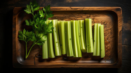 celery slices are artfully arranged on a rustic wooden tray, showcasing their crunchy texture and vibrant green color, perfect for adding a fresh crunch to salads, soups, or snacks, and making a healthy addition to any meal or gathering. ai generatedの素材