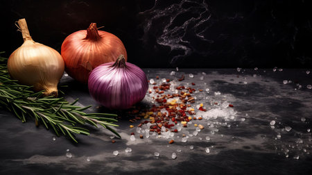 the onion, freshly cut and garnished with fragrant rosemary and aromatic spices, sits elegantly on a dark stone background, evoking the warmth and comfort of a rustic kitchen, perfect for adding flavor to soups, stews, and roasted meats, and inspiring culinary creativity. ai generatedの素材