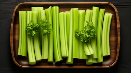 celery slices are artfully arranged on a rustic wooden tray, showcasing their vibrant green color and delicate texture in this stunning top-down shot, perfect for adding a pop of freshness to healthy eating and wellness-inspired content. ai generatedの素材