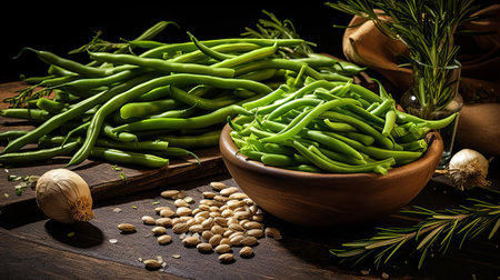 fresh green beans, perfectly arranged with fragrant rosemary, savory spices, and caramelized onion, sit elegantly on a dark stone background, evoking a sense of rustic charm and inviting aromas, perfect for a hearty vegetable dish or a flavorful side accompaniment. ai generatedの素材