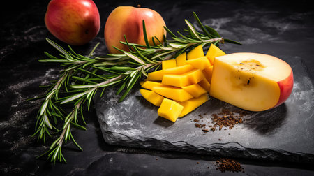 mango, freshly cut and arranged with fragrant rosemary, aromatic spices, and thinly sliced onion, sits elegantly on a dark stone background, evoking the flavors and scents of a summer fruit salad, perfect for a healthy snack or refreshing dessert, ideal for foodies and health enthusiasts alike. ai generatedの素材