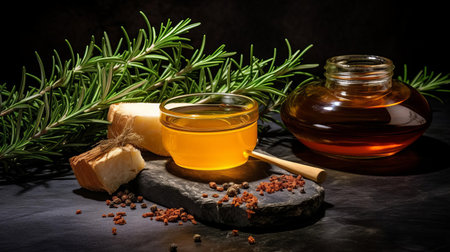 honey, freshly harvested and infused with fragrant rosemary, aromatic spices, and caramelized onion, sits elegantly on a dark stone background, evoking a sense of rustic charm and warmth, perfect for culinary creations or as a natural sweetener in teas and cocktails. ai generatedの素材