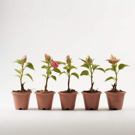roses beautifully display their delicate petals and vibrant colors in a row of rosebud in pots, perfectly arranged on a pristine white background, showcasing their elegance and charm, ideal for decorating indoor spaces, gardens, or as a thoughtful gift for flower enthusiasts. ai generatedの素材