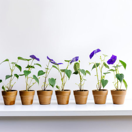 morning glory flowers cascade beautifully in a row of pots on a crisp white background, showcasing their vibrant trumpet-shaped blooms and delicate tendrils, perfect for adding a touch of whimsy to any indoor space or garden decor. ai generatedの素材