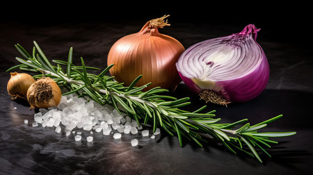 onion, freshly cut and artfully arranged with fragrant rosemary and aromatic spices, sits elegantly on a dark stone background, evoking the savory flavors and aromas of a hearty, homemade meal, perfect for cooking, baking, or adding a pop of color to any kitchen setting. ai generatedの素材