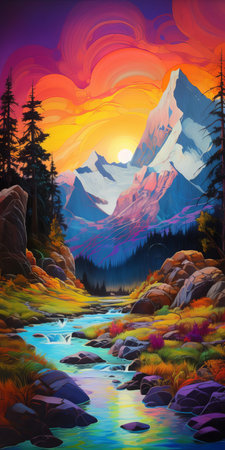 the mountains stand majestically in the background of this breathtaking painting, surrounded by a vibrant landscape of lush green forests, serene lakes, and winding rivers, evoking a sense of tranquility and awe, perfect for nature lovers and art enthusiasts alike, capturing the beauty of the great outdoors. ai generatedの素材