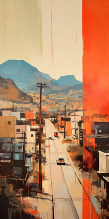 the cityscape painting depicts a vibrant urban landscape in front of majestic mountains, showcasing a stunning contrast between modern architecture and natural beauty, with sleek skyscrapers, bustling streets, and lush greenery set against a dramatic mountainous backdrop at sunset. ai generatedの素材