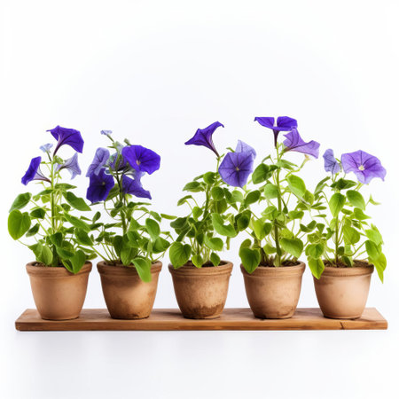 morning glory flowers cascade beautifully in a row of pots on a pristine white background, showcasing their trumpet-shaped blooms in shades of blue and purple, perfect for adding a touch of elegance to any indoor space or garden decor. ai generatedの素材