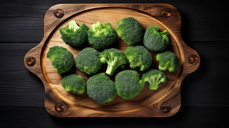 broccoli slices, arranged in a circular pattern, sit atop a rustic wooden tray, showcasing their vibrant green color and delicate florets, perfect for a healthy snack or addition to a nutritious meal, highlighting the importance of cruciferous vegetables in a balanced diet. ai generatedの素材