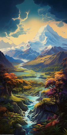 mountain landscape painting showcases serene scenery with majestic mountains rising in the background, surrounded by lush green forests, sparkling waterfalls, and a misty atmosphere, evoking a sense of tranquility and awe, perfect for nature lovers and art enthusiasts alike. ai generatedの素材