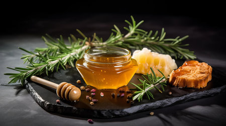 honey, freshly harvested and infused with fragrant rosemary, aromatic spices, and caramelized onion, sits elegantly on a dark stone background, evoking a sense of rustic charm and warmth, perfect for culinary creations and sweet treats, highlighting the beauty of natural ingredients and artisanal food presentation. ai generatedの素材
