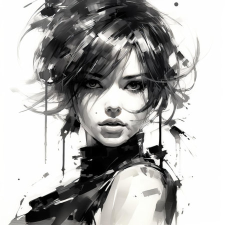 sandra, a mysterious woman, gazes intensely into the distance, her enigmatic expression captured in stunning black and white, evoking the iconic style of yoji shinkawa, renowned for his breathtaking illustrations of strong female characters in futuristic settings. ai generatedの素材