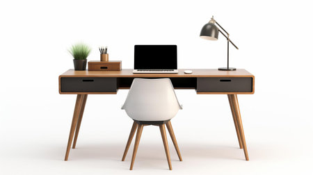 the desk, isolated on a pristine white background, showcases its sleek design and modern aesthetic, perfect for a home office or study space, evoking feelings of productivity and organization, with its clean lines and minimalist charm. ai generatedの素材