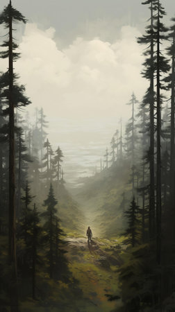 the monumental vistas of shrubland, characterized by extremely tall coniferous trees, create a sense of scale that makes people look tiny, set against a backdrop of dusty piles and vast, open spaces, evoking a feeling of awe and wonder, as seen in this plein air commission by renowned artists. ai generatedの素材