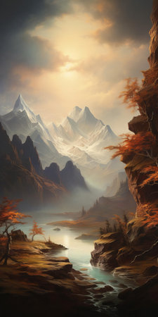 mountains majestically rise in the background of this breathtaking painting, set against a dramatic landscape of rolling hills, verdant forests, and serene lakes, evoking a sense of awe and tranquility, perfect for nature lovers and art enthusiasts alike, capturing the essence of the great outdoors. ai generatedの素材