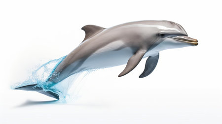 dolphin swims alone in a serene atmosphere, its sleek grey body and dorsal fin standing out against a crisp white background, showcasing its playful nature and intelligence, perfect for marine life enthusiasts and designers seeking ocean-inspired visuals. ai generatedの素材