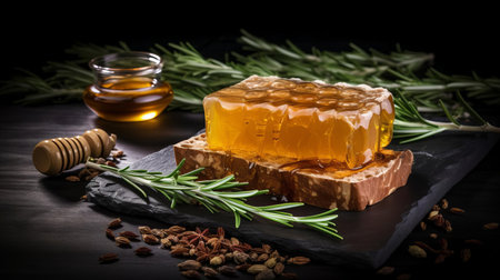 honey, freshly harvested and infused with fragrant rosemary, aromatic spices, and caramelized onion, sits elegantly on a dark stone background, evoking a sense of rustic charm and warmth, perfect for culinary creations or as a natural sweetener in teas and beverages. ai generatedの素材