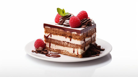 the cake, adorned with creamy swirls and colorful sprinkles, sits elegantly on a pristine white background, showcasing its moist texture and vibrant hues, perfect for birthday celebrations, weddings, or any sweet indulgence, highlighting the beauty of dessert photography and culinary art. ai generatedの素材