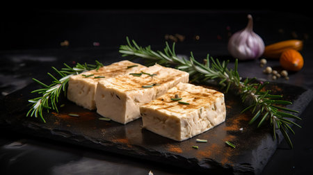 tofu, freshly cut and seasoned with fragrant rosemary, aromatic spices, and sauteed onion, sits elegantly on a dark stone background, evoking a sense of healthy, plant-based cuisine and gourmet cooking, perfect for vegan and vegetarian recipes. ai generatedの素材