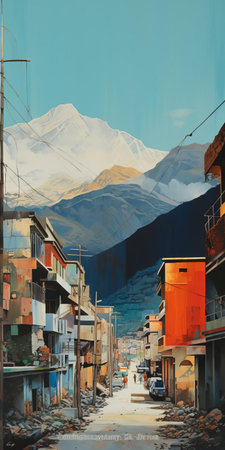 the cityscape painting depicts a bustling urban landscape in front of majestic mountains, showcasing a striking contrast between nature's serenity and human-made structures, with vibrant colors and bold brushstrokes capturing the essence of modern life amidst a breathtaking natural backdrop. ai generatedの素材