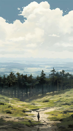 majestic coniferous trees tower above, their monumental vistas and extremely tall stature making people appear tiny in this breathtaking plein air shrubland scene, captured with a low depth of field and dusty piles, evoking a sense of scale and wonder, reminiscent of romaine brooks' style. ai generatedの素材