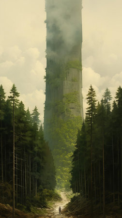 majestic coniferous trees tower above, their monumental scale making people appear tiny, set against a backdrop of dusty piles and breathtaking vistas, captured in a stunning plein air landslide scene, evoking a sense of awe and wonder, reminiscent of romaine brooks' masterpieces. ai generatedの素材