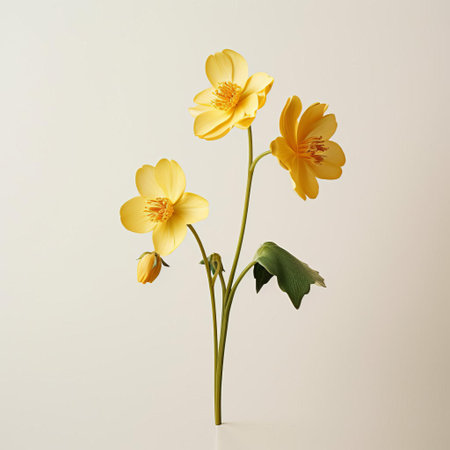 the cowslip, a delicate wildflower with yellow petals, takes center stage in this minimalist photograph, accompanied by a romantic rose, both set against a pristine white background, evoking feelings of serenity and simplicity, perfect for nature lovers and fans of elegant floral arrangements. ai generatedの素材