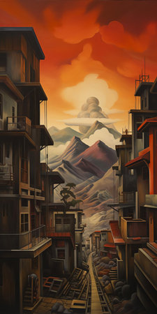 the cityscape painting depicts a bustling urban landscape in front of majestic mountains, showcasing a striking contrast between nature's serenity and human innovation, with towering skyscrapers, busy streets, and vibrant city lights set against a backdrop of rugged peaks and serene natural beauty. ai generatedの素材