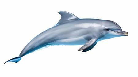 a dolphin, with its sleek grey body and dorsal fin, swims in isolation on a pure white background, showcasing its playful and curious nature, highlighting its intelligence and social behavior, and making it a perfect subject for marine life and wildlife photography enthusiasts. ai generatedの素材