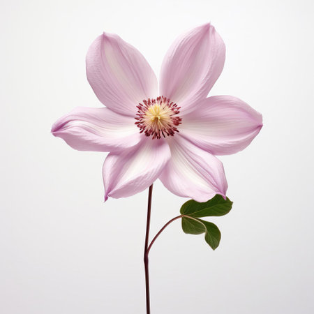 the delicate clematis flower takes center stage in this serene minimalist photograph, its soft pink petals gently unfolding to reveal a subtle rose hue, set against a crisp white background that accentuates its elegant simplicity, evoking feelings of tranquility and refinement in home decor and floral arrangements. ai generatedの素材