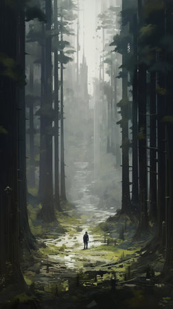 majestic coniferous trees tower above, their monumental vistas and towering heights creating a sense of scale that makes people appear tiny, set against a backdrop of dusty piles and rustic scenery, evoking a sense of adventure and exploration in this stunning plein air photograph. ai generatedの素材