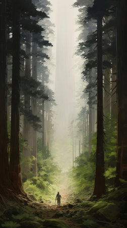 the monumental vistas of tableland, captured in this breathtaking photograph, showcase the sense of scale that makes people look tiny amidst extremely tall coniferous trees, dusty piles, and vast open spaces, evoking a sense of awe and wonder, reminiscent of romaine brooks' style, perfect for a commissioned piece of art. ai generatedの素材
