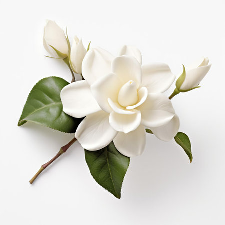 the stephanotis flower, with its delicate white petals and subtle fragrance, takes center stage in this minimalist composition, accompanied by a romantic rose, set against a clean and crisp white background, evoking feelings of elegance, sophistication, and serene beauty in floral photography. ai generatedの素材