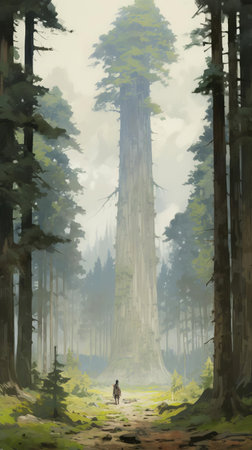 majestic coniferous trees tower above, their monumental vistas and extreme height creating a sense of scale that makes people appear tiny, set against a backdrop of dusty piles and serene natural beauty, evoking a sense of wonder and awe in this stunning plein air photograph. ai generatedの素材