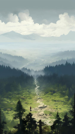 the monumental tableland landscape, captured in a plein air style, showcases extremely tall coniferous trees that dwarf people, emphasizing a sense of scale and making them appear tiny, set against a backdrop of dusty piles and majestic vistas, evoking a sense of awe and wonder. ai generatedの素材