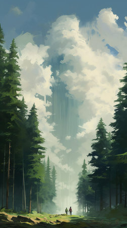 towering coniferous trees stand majestically in a monumental vista, their extreme height emphasizing a sense of scale that makes people appear tiny, set against a backdrop of dusty piles and lowland scenery, evoking a plein air atmosphere, as seen in the commissioned work of romaine brooks, showcasing the artists' mastery of depth and perspective. ai generatedの素材