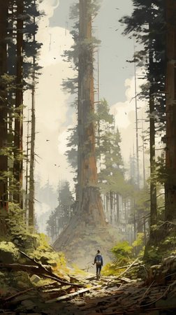 mountains tower above, emphasizing a sense of scale that makes people look tiny, set against a backdrop of monumental vistas and extremely tall coniferous trees, with a low depth of field capturing dusty piles, reminiscent of romaine brooks' style, in this plein air tableland commission. ai generatedの素材