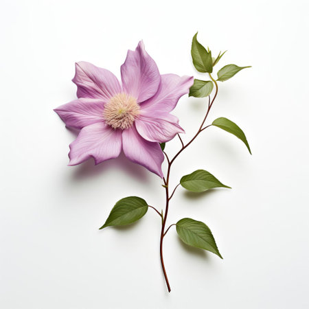 the delicate clematis flower takes center stage in this serene photograph, its soft pink petals and tender stems beautifully contrasting against a crisp white background, evoking a sense of simplicity and elegance, perfect for nature lovers and fans of minimalist floral arrangements. ai generatedの素材