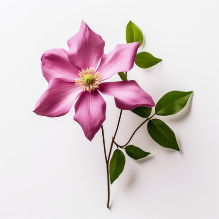the delicate clematis flower takes center stage in this serene photograph, its soft pink petals and wispy tendrils beautifully contrasting against a crisp white background, evoking a sense of simplicity and elegance, perfect for nature lovers and fans of minimalist floral arrangements. ai generatedの素材