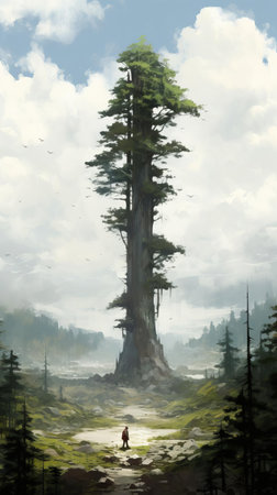 the monumental vista, a breathtaking plein air landscape, showcases extremely tall coniferous trees that dwarf people, emphasizing a sense of scale, while dusty piles and low depth of field add texture, evoking a sense of wonder, reminiscent of romaine brooks' style, perfect for a commissioned piece of art. ai generatedの素材