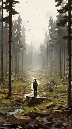 the monumental tableland landscape showcases a sense of scale, making people appear tiny amidst extremely tall coniferous trees, dusty piles, and vast, open spaces, evoking a feeling of awe, as captured in this plein air commission by romaine brooks, highlighting the beauty of nature's grandeur. ai generatedの素材