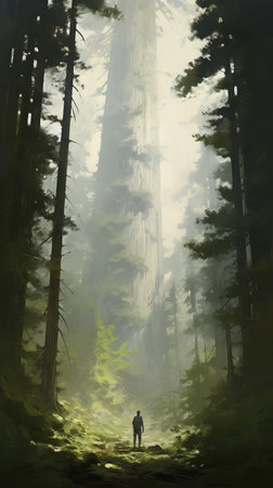 majestic coniferous trees stand tall in this breathtaking landscape, their monumental vistas and towering heights making people appear tiny, emphasizing a sense of scale, set against a backdrop of dusty piles and serene natural beauty, evoking a sense of wonder and awe. ai generatedの素材