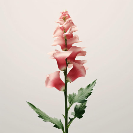 the foxglove, a statuesque perennial flower, stands elegantly against a pristine white backdrop, its tubular bells of soft purple hue gently swaying beside a delicate rose, creating a serene and understated botanical composition that exudes simplicity and refinement, perfect for nature-inspired home decor and minimalist art enthusiasts. ai generatedの素材