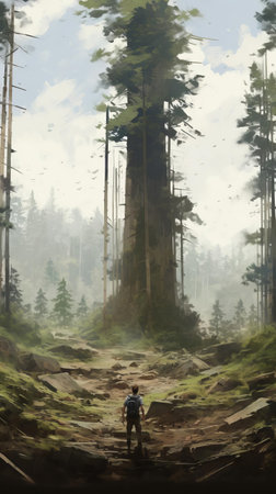 majestic coniferous trees tower above, their monumental vistas and dusty piles creating a sense of scale that makes people look tiny, set against a backdrop of serene natural beauty, evoking a sense of awe and wonder, reminiscent of plein air sound and the artistic style of romaine brooks. ai generatedの素材