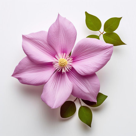 the delicate clematis flower takes center stage in this serene photograph, its intricate petals and soft pink hue beautifully contrasted against a pristine white background, evoking a sense of simplicity and elegance, perfect for nature lovers and fans of minimalist floral arrangements. ai generatedの素材