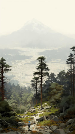 trees tower above, their monumental scale making people appear tiny, in this breathtaking plein air landscape photograph featuring extremely tall coniferous trees, dusty piles, and a shallow depth of field, evoking a sense of awe and wonder, reminiscent of romaine brooks' style, perfect for a commissioned piece. ai generatedの素材