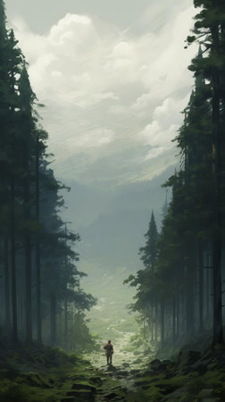 majestic coniferous trees stand tall in a monumental vista, their towering presence making people appear tiny, set against a backdrop of dusty piles and lowland scenery, captured in a plein air style with a shallow depth of field, evoking a sense of scale and wonder. ai generatedの素材