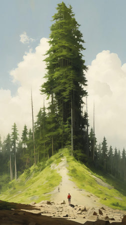 trees stand majestically tall, their monumental scale making people appear tiny in this breathtaking plein air landscape, where extremely tall coniferous trees tower above dusty piles, evoking a sense of awe, as if commissioned by romaine brooks, masterfully captured by xenixx + krenz cushart. ai generatedの素材